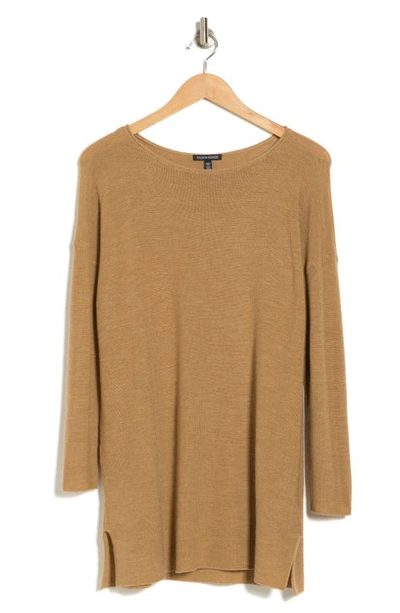 Eileen Fisher Bateau Long Sleeve Merino Wool Tunic Top In Honey