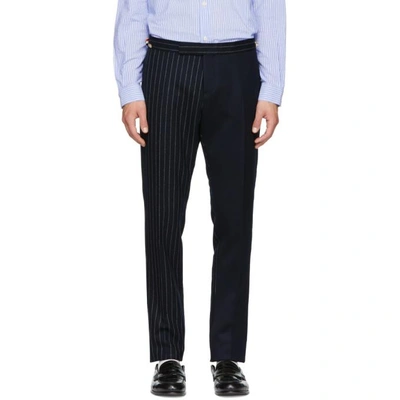 Thom Browne Navy Fun Mix Chalk Stripe Low-rise Skinny Side Tab Trousers In 415 Navy