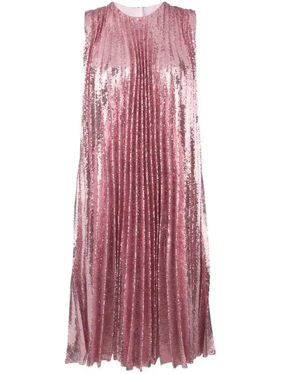 Msgm Pleates Sequins Midi Dress With Printed Insert In Rosa
