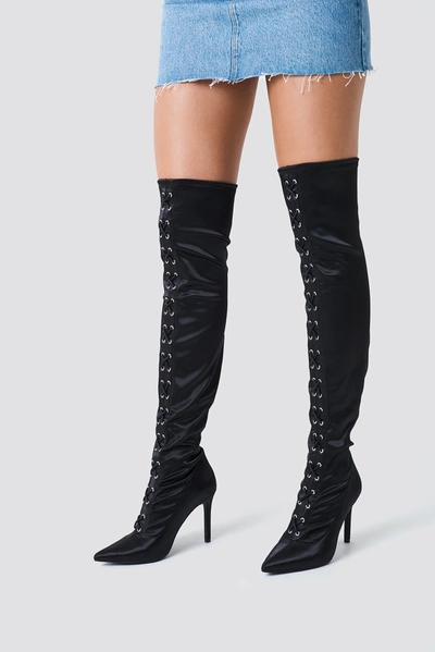 Sahara Ray X Na-kd Lace Up Satin Overknee Boots - Black