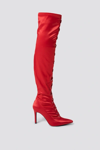 Sahara Ray X Na-kd Lace Up Satin Overknee Boots Red