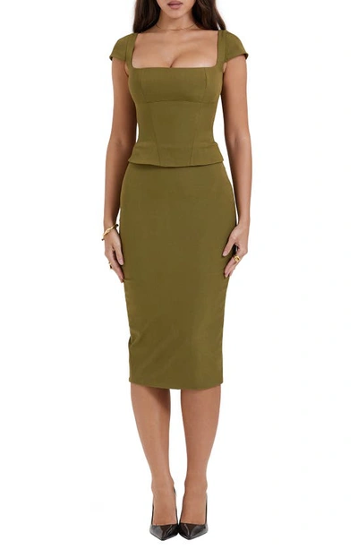 House Of Cb Layana Cap Sleeve Corset Sheath Dress In Olive