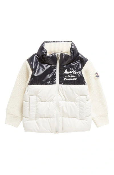 Moncler Kids' Mixed Media Cardigan Down Puffer Jacket In Ivory/ Navy