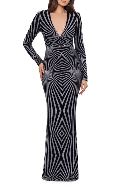 Betsy & Adam Geometric Metallic Long Sleeve Gown In Black/ Silver | ModeSens