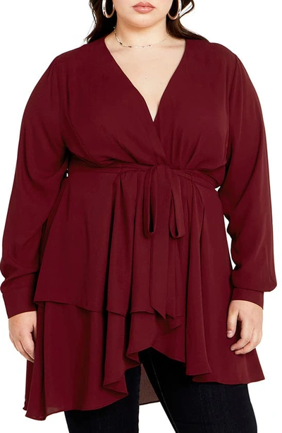 City Chic Sibara Long Sleeve Tunic Top In Ruby
