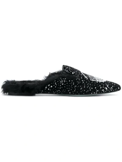 Chiara Ferragni Embellished Velvet Point-toe Flat Mules In Black Satin