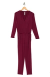 Go Couture Split Neck Long Sleeve Jumpsuit In Burgundy