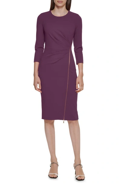 Calvin Klein Ruched Zipper Sheath Dress In Aubergine