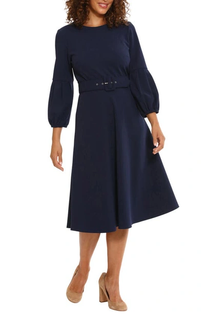 London Times Pleated Sleeve Belted Fit & Flare Dress In Navy
