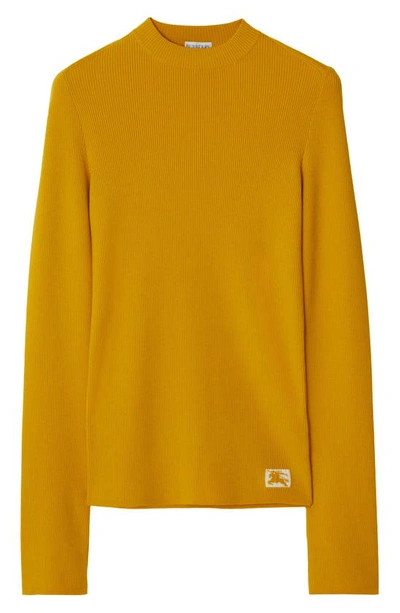 Burberry Equestrian Knight Patch Wool Blend Rib Crewneck Sweater In Yellow