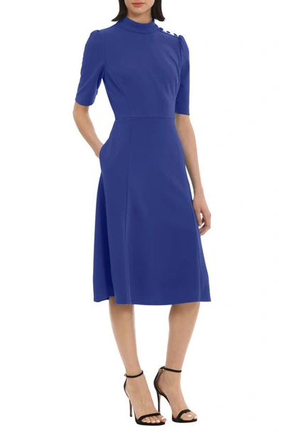 Donna Morgan Mock Neck Button Shoulder Fit & Flare Dress In Sodalite Blue |  ModeSens