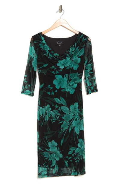 Connected Apparel Floral Cowl Neck Mesh Dress In Spruce