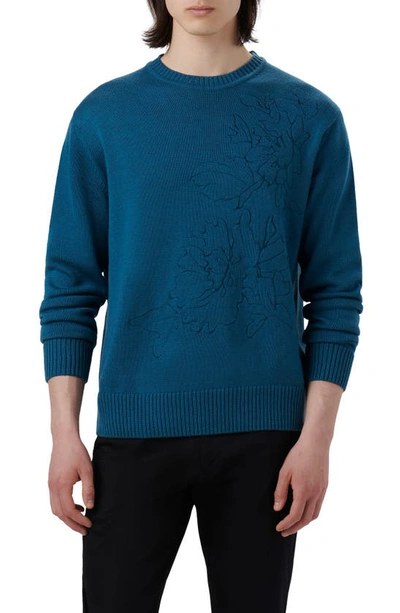 Bugatchi Embroidered Merino Wool Crewneck Jumper In Cobalt