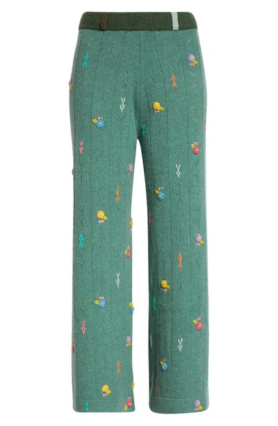 Yanyan Daisy Embroidered Pointelle Knit Lambswool Pants In Jade