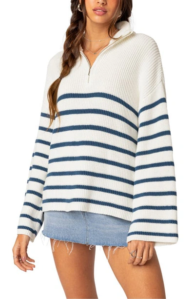 Edikted Stripe Oversize Quarter Zip Sweater In White