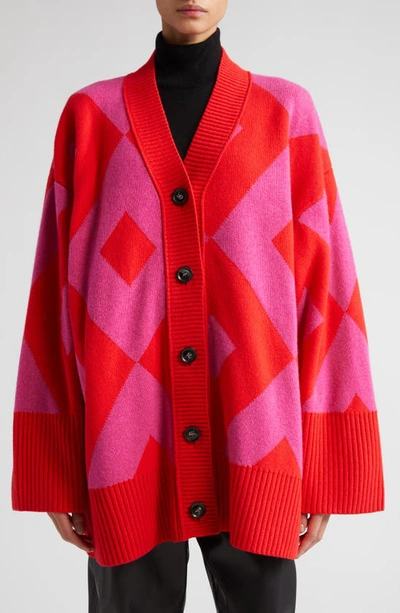 Stand Studio Geo Jacquard Oversize Wool V-neck Cardigan In Bright Poppy/ Fuchsia Jacquard