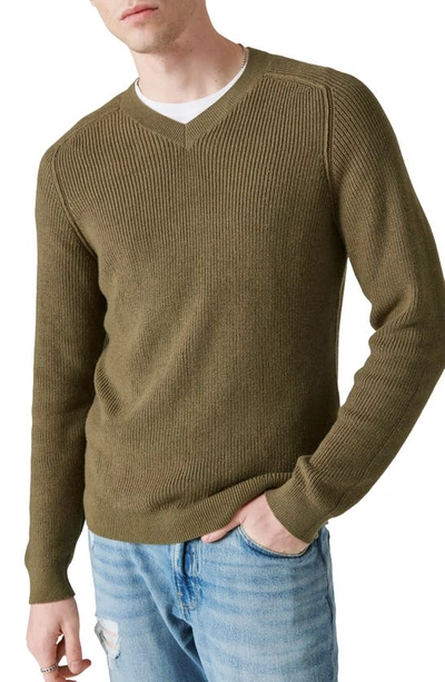 Lucky Brand Cloud Soft Cotton Blend V-neck Sweater In Olive Fog