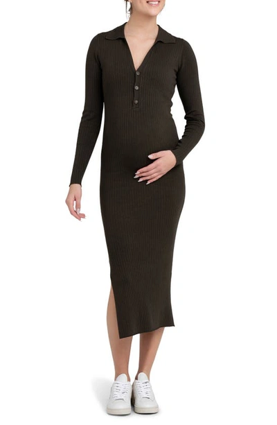 Ripe Maternity Sammy Rib Long Sleeve Maternity/nursing Polo Dress In Ivy