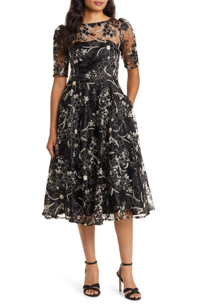Eliza J Sequin Floral Embroidery Fit & Flare Cocktail Midi Dress In Black