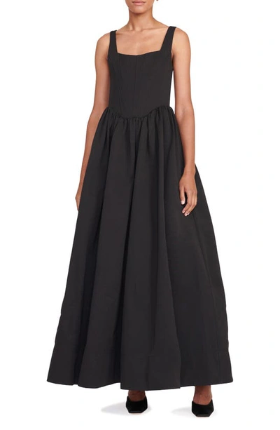 Staud Wells Pleated Cotton Blend Midi Dress In Black