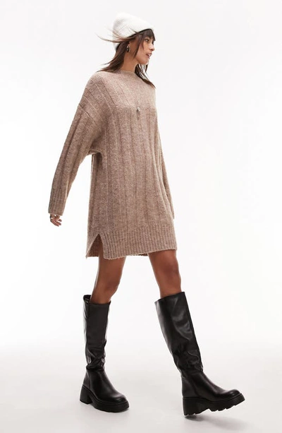 Topshop Rib Long Sleeve Shift Sweater Dress In Brown