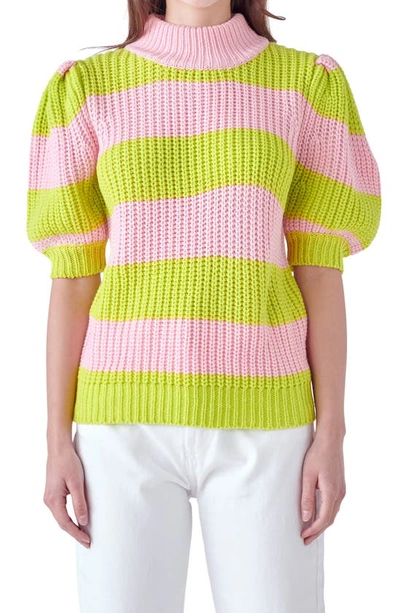 English Factory Stripe Puff Shoulder Mock Neck Sweater In Pink/ Green