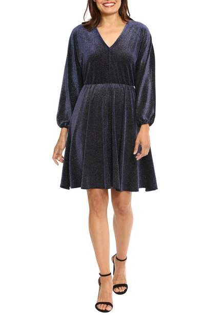 London Times Long Sleeve Metallic Velet Dress In Navy