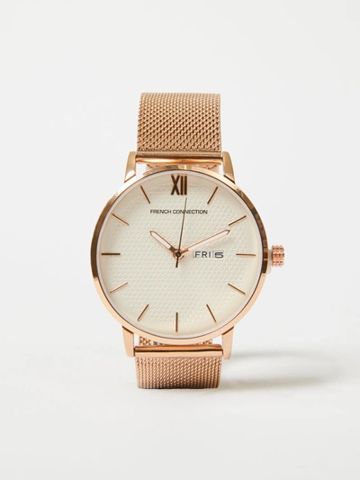 French Connection Rose Gold Tone Mesh Bracelet Watch With White Dial Rose Gold Tone