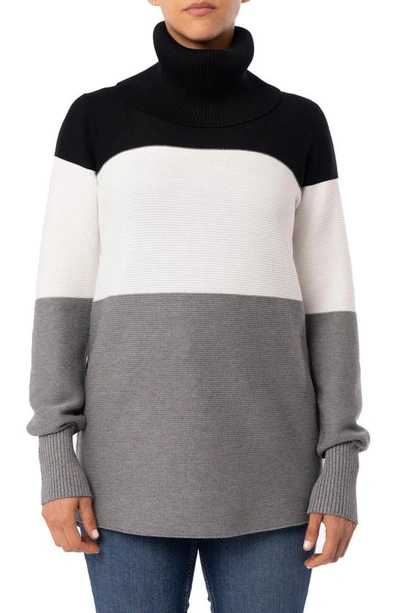 Cyrus Oversize Colorblock Turtleneck Sweater In Black/bone/medium Heather Grey