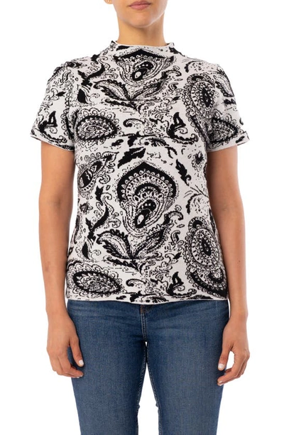 Cyrus Paisley Pattern Short Sleeve Sweater Top In Bone/ Black Combo