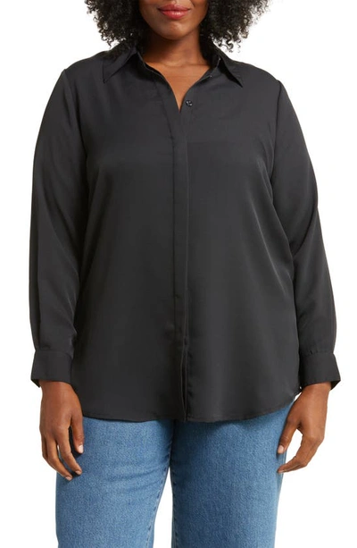 By Design Elia Long Sleeve Satin Button-up Blouse In Black