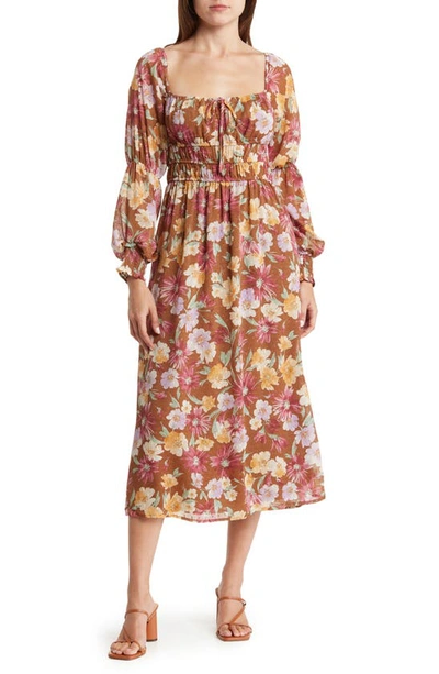 Lush Long Sleeve Midi Dress In Mocha Multi Floral