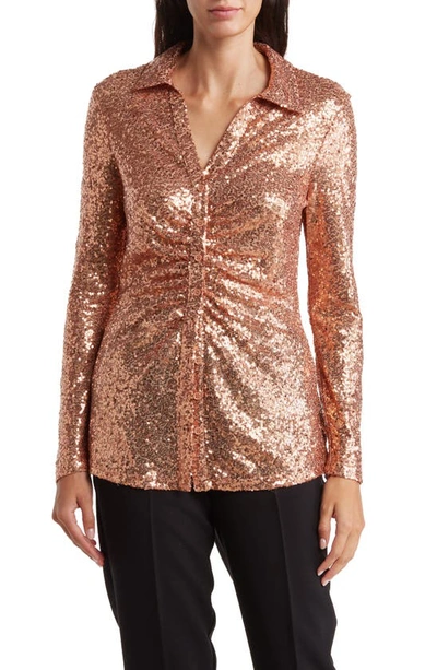 Dr2 By Daniel Rainn Sequin Ruched Long Sleeve Button-up Shirt In Copper Rose