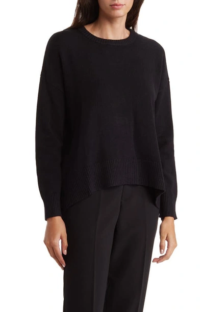 Adrianna Papell Curved Hem Side Slit Crewneck Sweater In Black