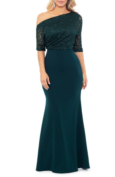 Betsy & Adam One-shoulder Sequin Lace Mixed Media Gown In Pine
