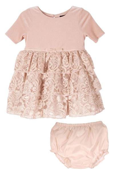 Zunie Babies' Velvet & Lace Dress & Bloomers In Blush