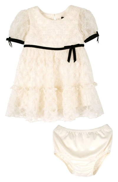 Zunie Babies' Puff Sleeve Mesh Dress & Satin Bloomers In Ivory/ Black