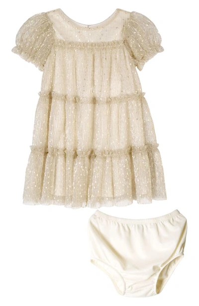 Zunie Metallic Puff Sleeve Tiered Tulle Dress & Bloomers In Gold