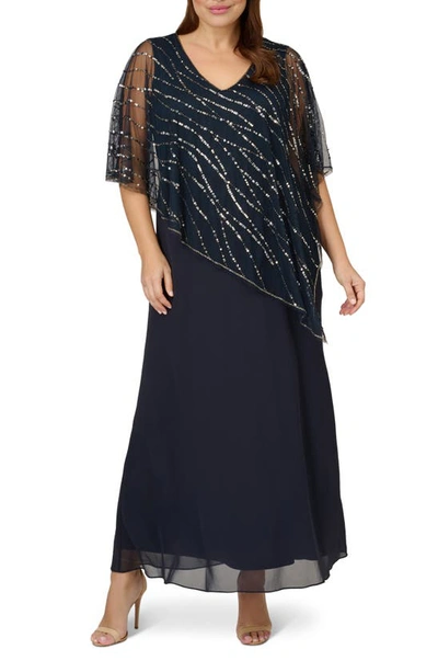 Adrianna Papell Beaded Sequin Chiffon Popover Gown In Midnight