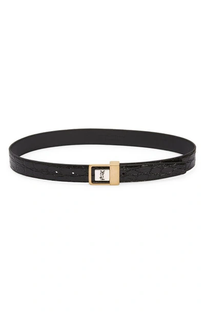 Saint Laurent Monogram Croc Embossed Calfskin Leather Belt In Black