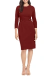 London Times Button Waist 3/4 Sleeve Sheath Dress In Wine