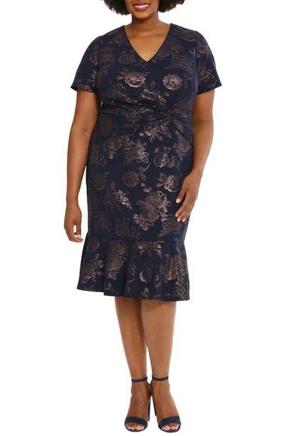 London Times Floral Short Sleeve Twisted Flounce Hem Sheath Dress In Navy/ Rose