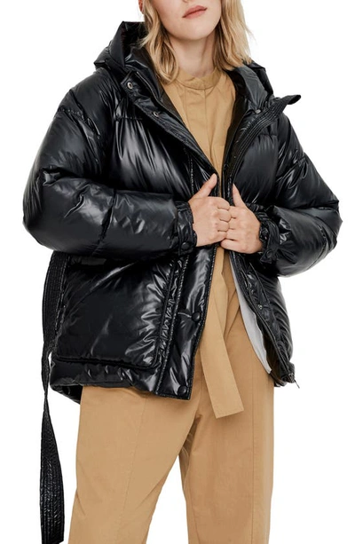 Noize Belted Oversize Hooded Puffer Coat In Black