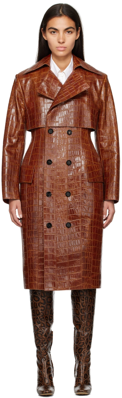 Bottega Veneta Women's Double-breasted Croc-embossed Leather Coat In Burnt Orange