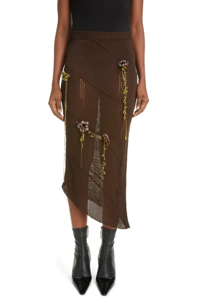 Acne Studios Keelah Floral Appliqué Distressed Knit Skirt In Chocolate Brown