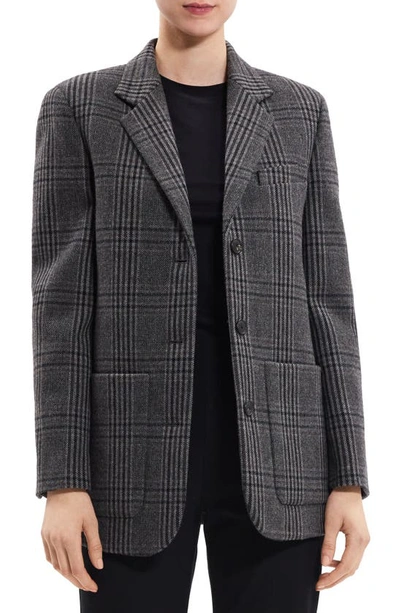 Theory Plaid Elbow Patch Recycled Wool Blend Jacket In Charcoal Multi