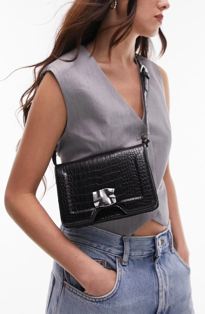 Topshop Carmen Croc Embossed Faux Leather Crossbody Bag In Black ModeSens