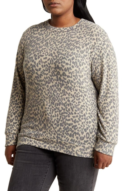 Loveappella Loveapella Brushed Leopard Print Long Sleeve Crewneck Top In Camel/ Black
