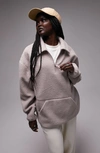 Topshop Borg Oversize Half Zip Textured Fleece Pullover In Stone