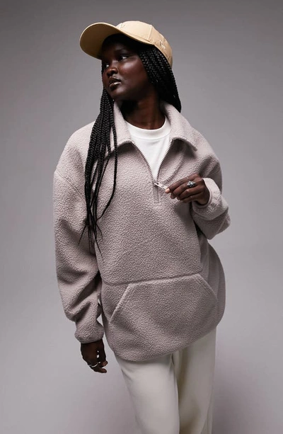 Topshop Borg Oversize Half Zip Textured Fleece Pullover In Stone